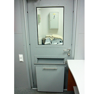 Door with transfer tray and glass